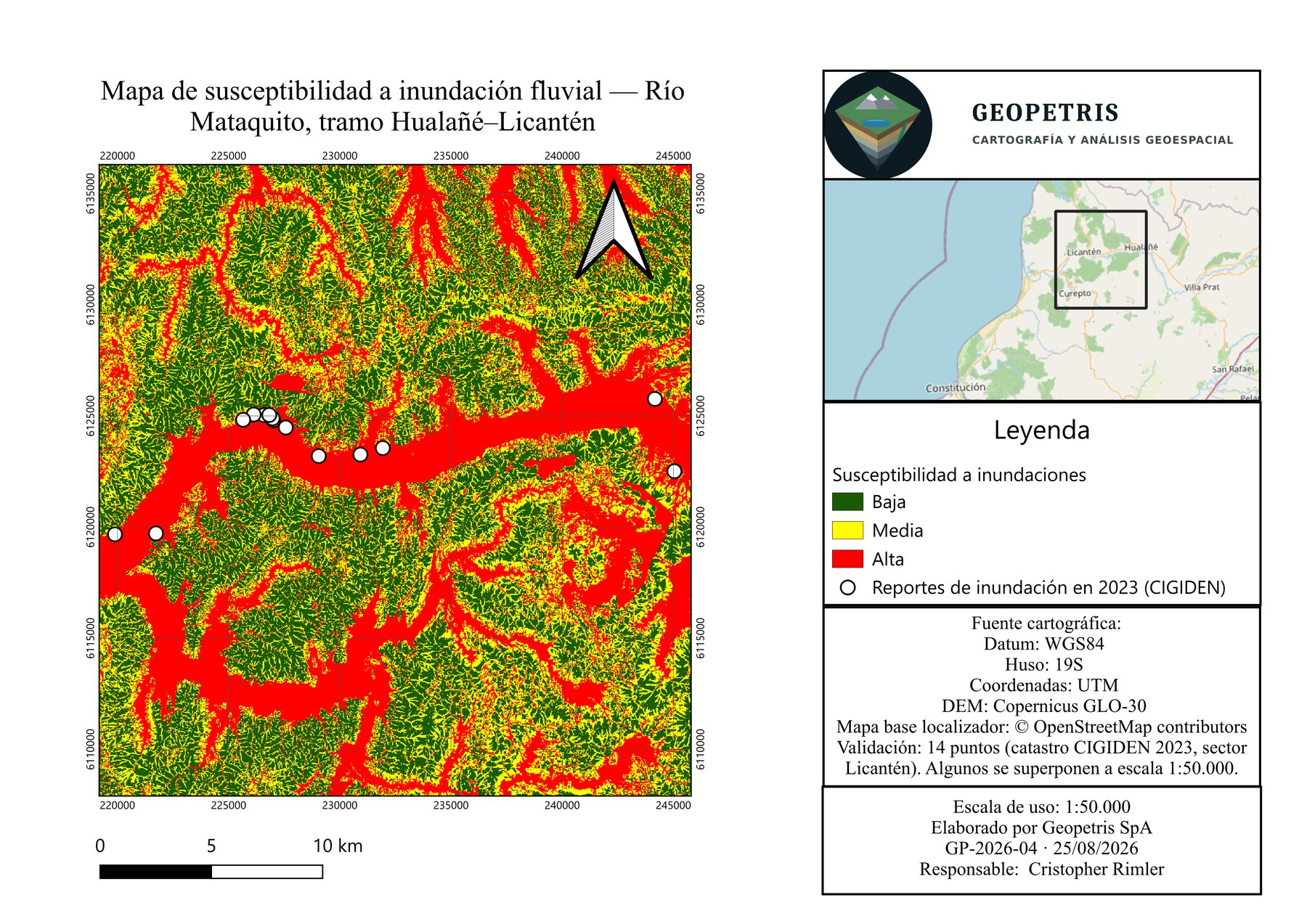 Lámina cartográfica del modelo de susceptibilidad a inundación fluvial del río Mataquito, tramo Hualañé–Licantén
